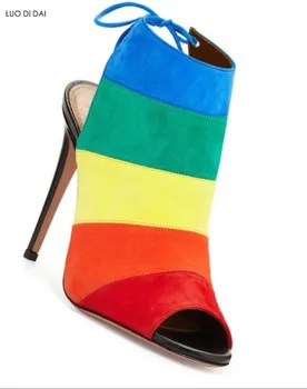 

Summer Women boots 2019 peep toe mixed color Boots back open lace up Boots mujer botas gladiator sandals boots thin heel booties