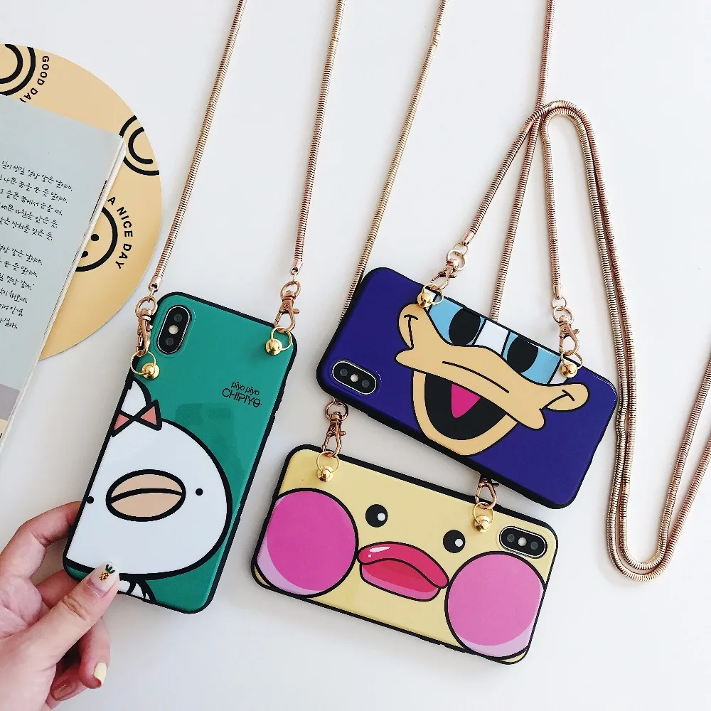 

For iphone XS MAX XR X 7 8 6 6s plus case cover cute 3d cartoon duck with shoulder chain soft silicon protective phone bag