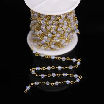 

4mm Faceted Round Opal Stone beads Rosary Chain,White Opal Glass Gems beads Link Brass Wire Wrapped Chain Bracelet Necklaces