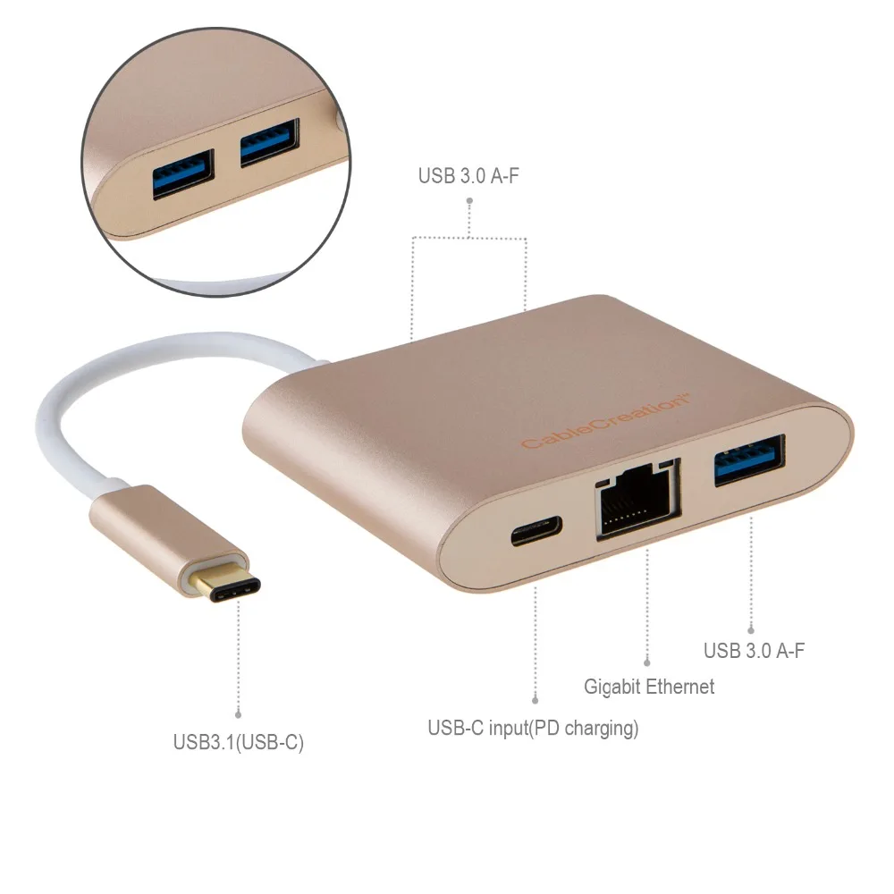 Кабель USB 3,1 type C для USB3.0/Ethernet/type C зарядка PD адаптер для Macbook, Chromebook Yoga 900 и более, золотой цвет