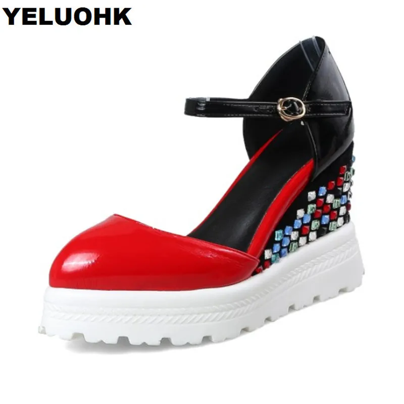 

Pointed Toe Patent Leather Shoes Women High Heels Red Platform Shoes Wedge Woman Pumps Casual Female Shoes Spring