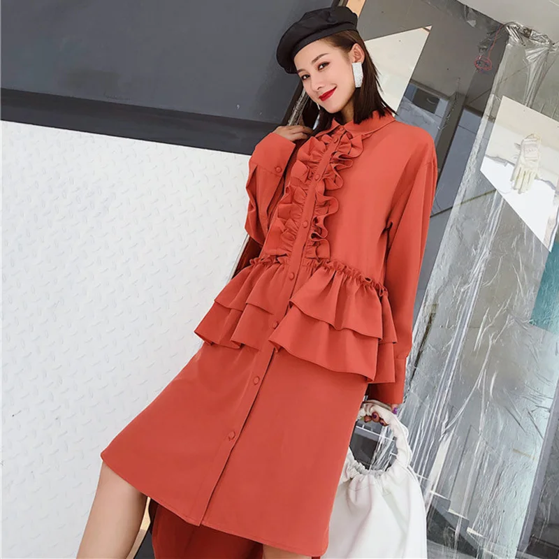 TWOTWINSTYLE лоскутное платье-рубашка с оборками Женские асимметричные платья с длинным рукавом женская повседневная одежда мода осень