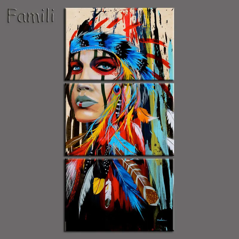 

Framed 3pcs Abstract Print The Indians feathered home decor Canvas Print Native american girl Painting Wall Art Picture