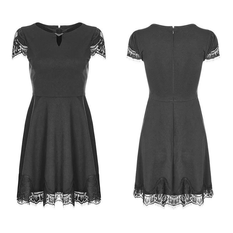 

PUNK RAVE Gothic Women's Black Daily Dress Summer Short Sleeve A-line Mini Dress Lace Stitching Women Sexy Party Short Dress