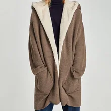 Новинка года, куртка с длинными рукавами и Контрастной Текстурой вязаный кардиган с искусственным мехом с капюшоном и накладными карманами спереди