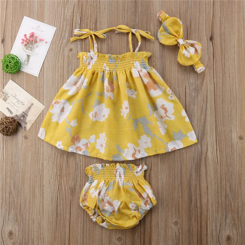 Комплект одежды для новорожденных девочек; летние желтые топы без рукавов с цветочным принтом; повязка на голову; хлопковая одежда для девочек; комплект из 3 предметов