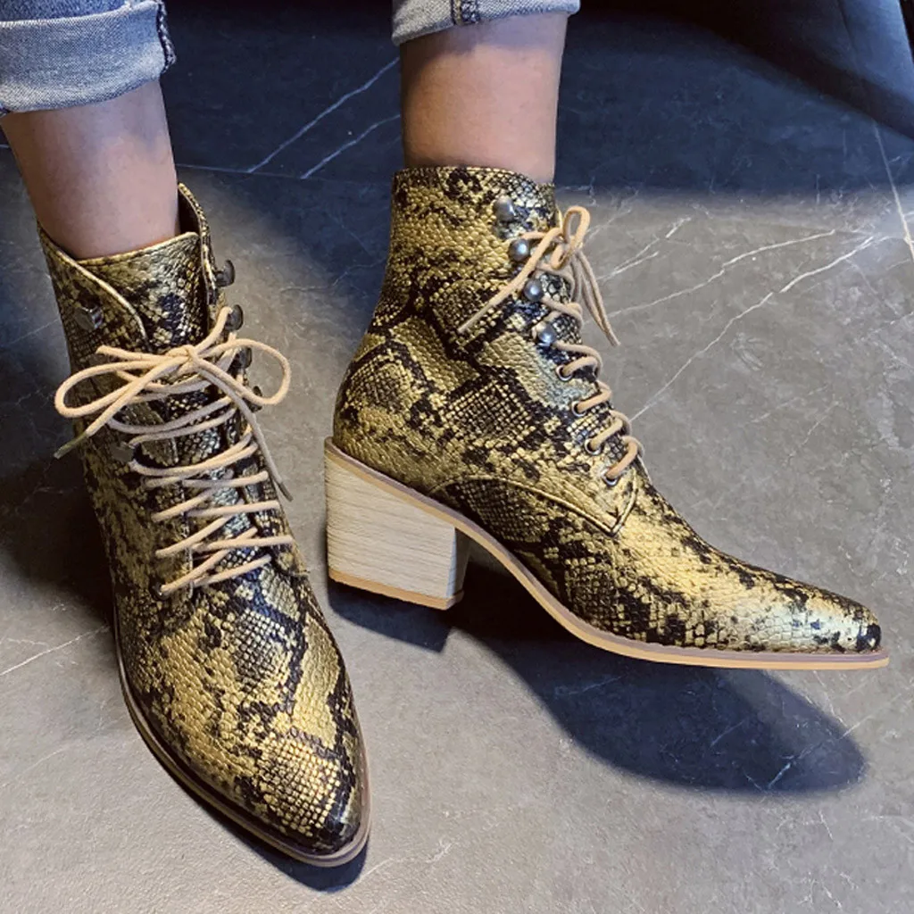 

2019 Women's Winter Boots Serpentine Leather Ankle Snow Boot Pointed Toe Lace Up Snakeskin Print Shoes Mid Heels Riding Boots
