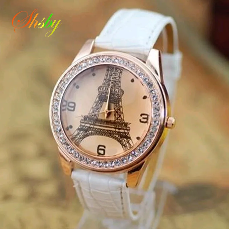 shsby Fashion  Paris Eiffel Tower Ladies Leather strap watches Women Rhinestone Watches Women Dress Wristwatch gift wholesale pu leather cowgirl cowboy rhinestone strass stud pung belts luxury silver bead chain bling ceinture crystal strap waistband