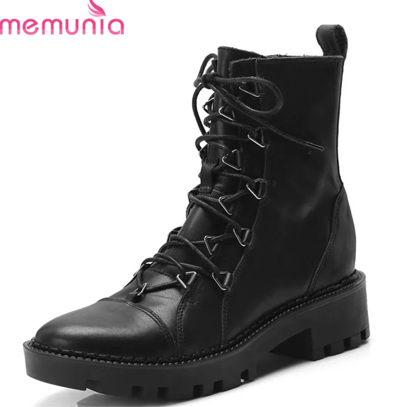 

MEMUNIA 2018 newest genuine leather boots lace up ankle boots for women fashion platform Martin boots punk shoes woman black