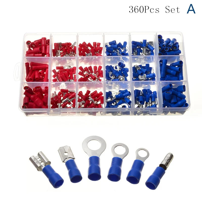 

360Pcs Fully Insulated Spade Crimp Terminal Butt Electrical Wire Connector Cold-Pressure Bullet Ring Fork Terminals Set 3 Types