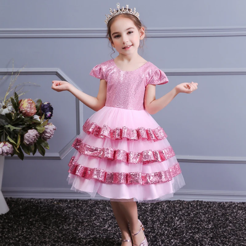 Модные платья для девочек; летнее платье принцессы с цветочным узором для девочек; фатиновое платье с блестками на спине для свадьбы, дня рождения, вечеринки; Детский костюм - Цвет: Pink
