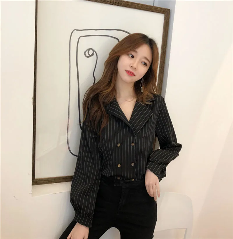 

2019 Women's Striped Blouse Printed Long Sleeve Turn-down Collar Double-breasted Japan Ladies Chic Blouse Woman Tops SP382