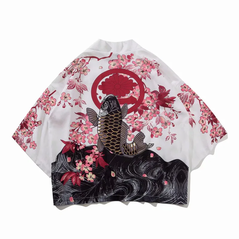 Bebovisi Япония укийо-е кои принтованное кимоно уличная одежда Harajuku Стиль Верхняя одежда Повседневный Халат пальто мужские кардиганы куртки - Цвет: Белый