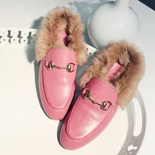 2016 New Winter European Hot Rabbit Fur Loafer Shoes Plush Velvet Leather Slippers Shoes Female Drag Flat Shoes Free Shipping