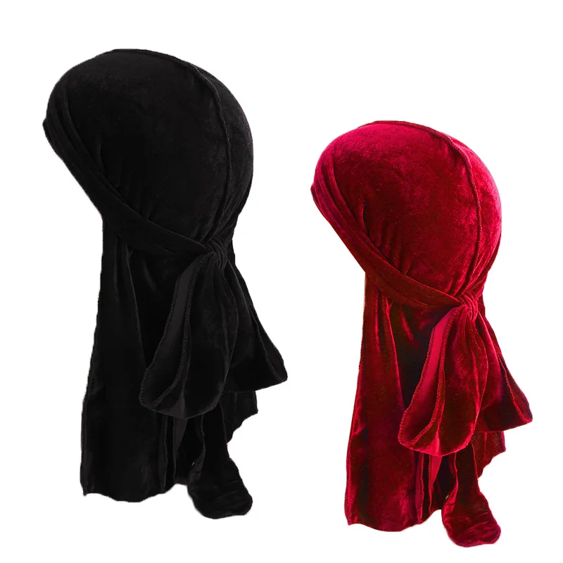 

2PCS/Lot Men's Velvet Durags Breathable Turban Wigs Doo Rag Long Tail Biker Headwear Pirate Durag