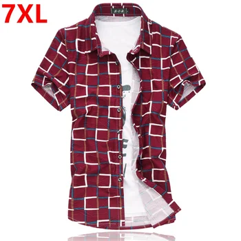 

Summer large yards short sleeved shirt XL MENS fashion oversize Plaid Shirt thin elastic mercerized cotton male plus size 7XL