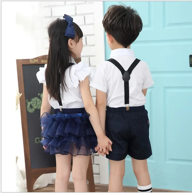Модная школьная форма для маленьких мальчиков и девочек, комплекты детской одежды детские белые синие рубашки Многоуровневая юбка костюм Tutu комбинезоны