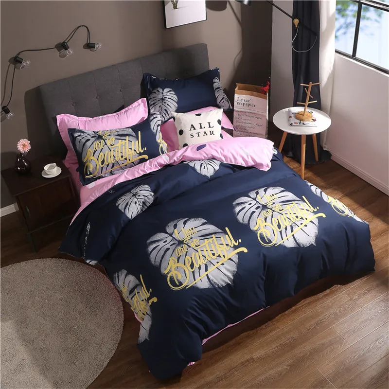 

White Leaf Pattern Polyester Fabric Soft Warm Duvet Cover Flat Bed Sheets+Pillowcase King Queen Full Twin Size Bedding Set 4Pcs
