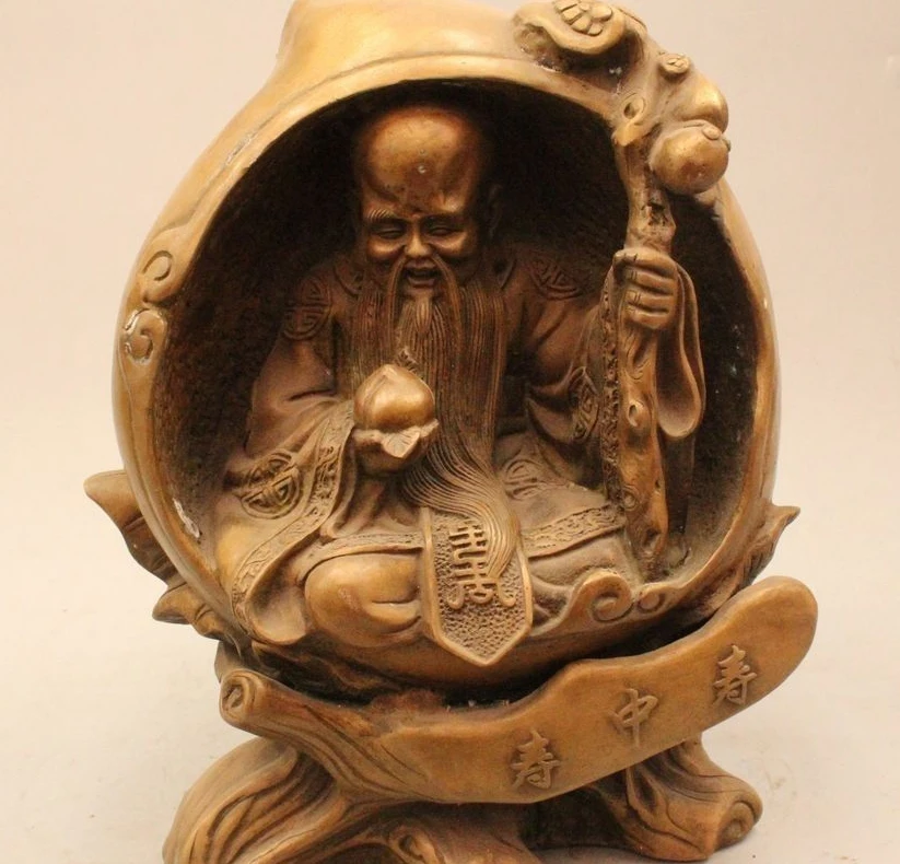 

13" Chinese Folk Bronze Peach Crane god of longevity crutch Shou Wealth Statue