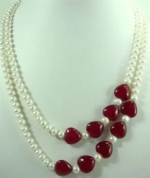 

Charming Jewelry 2 Rows White Pearl Red Heart-Shaped Jades Necklac