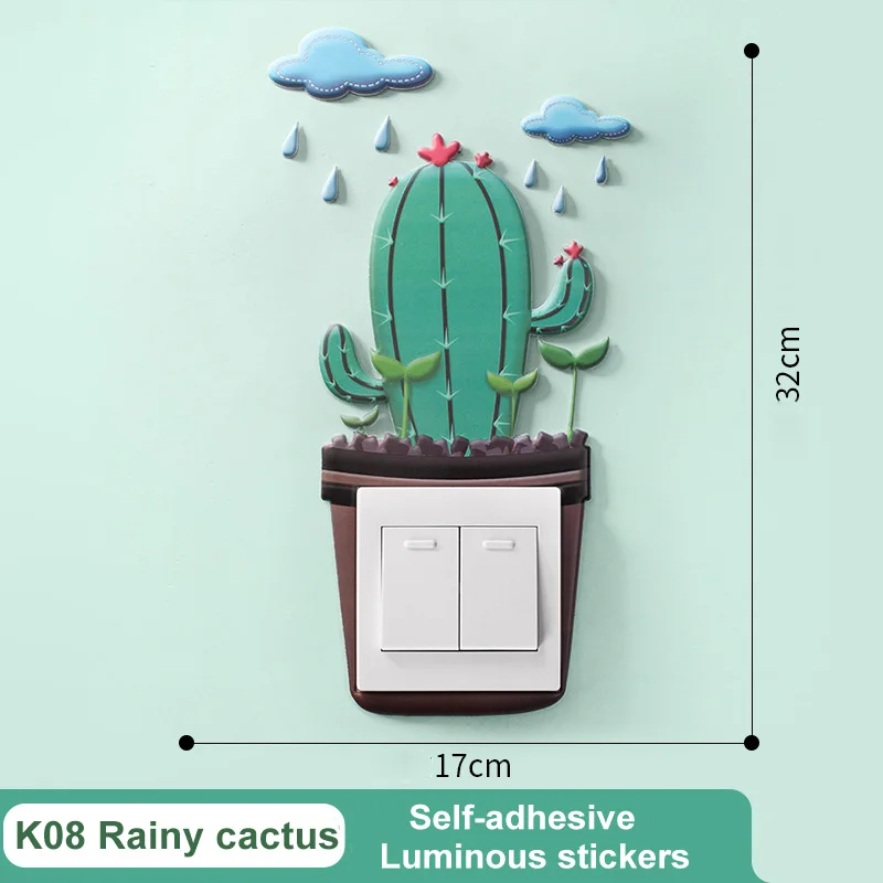 Настенные украшения для дома, Мультяшные флуоресцентные светящиеся наклейки для детской комнаты, украшения для спальни, светящиеся переключатели, защитная крышка, водонепроницаемый - Цвет: K08 rainy cactus