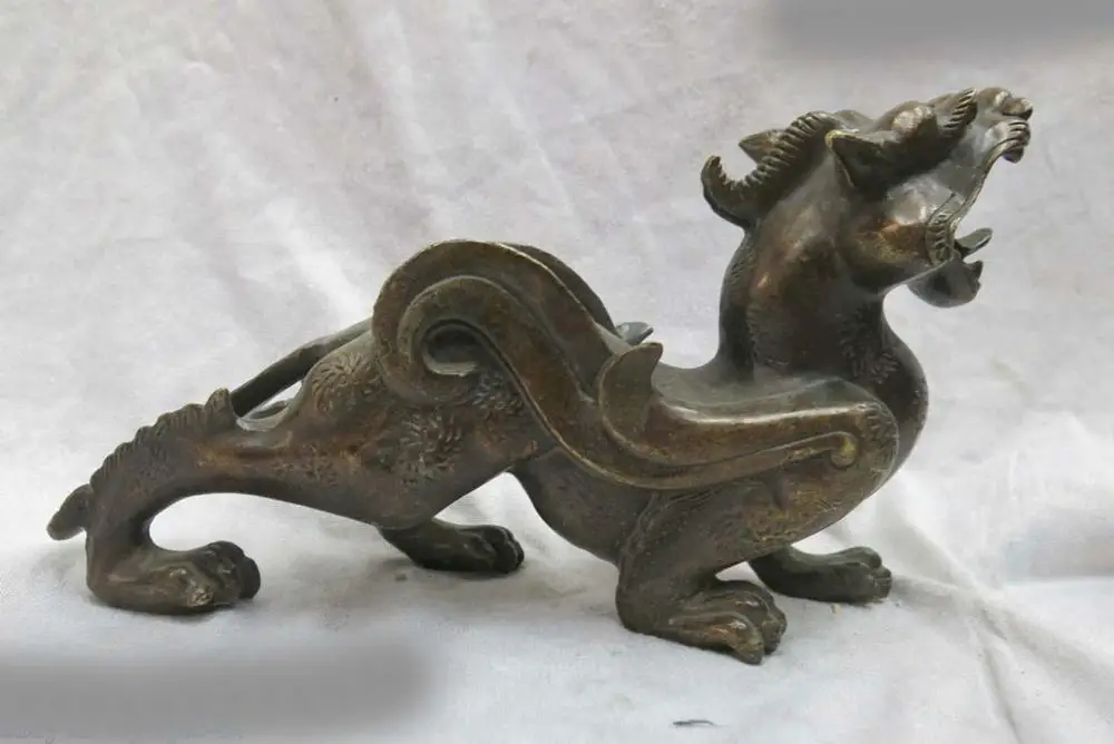 

DS China bronze carved beautiful finely luck Foo Dogs unicorn Statue