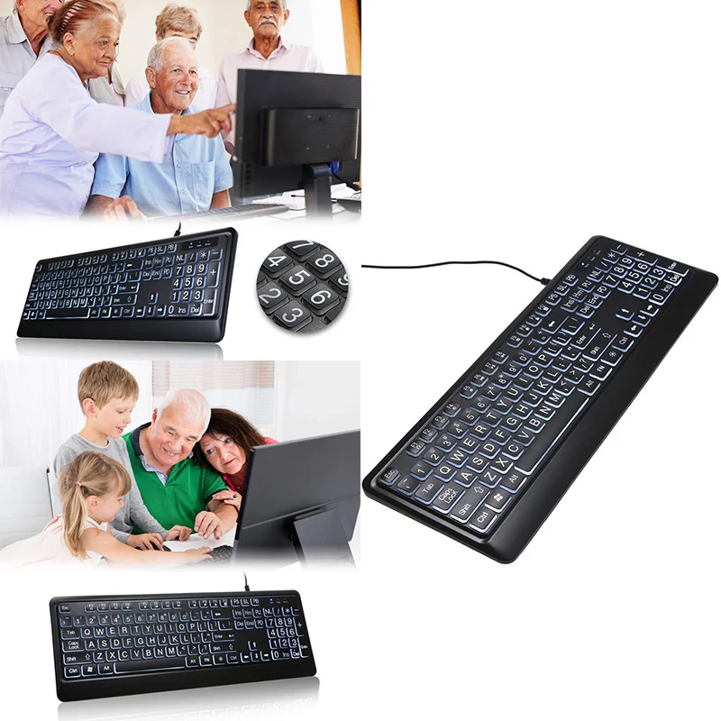 Проводная клавиатура с большим принтом и подсветкой, интерфейс USB 104, большой тип, легко читаемая клавиатура для планшетных ПК, Подсветка большого типа