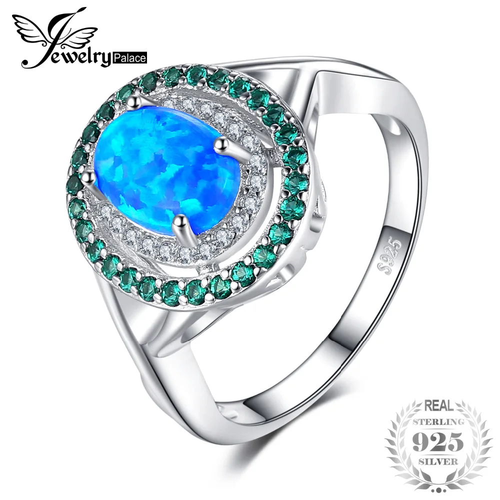 

JewelryPalace Fashion 1.2ct Oval Stimulated Opals Inlay Emeraldss Cocktail Ring 925 Sterling Silver Vintage Jewelry For Women