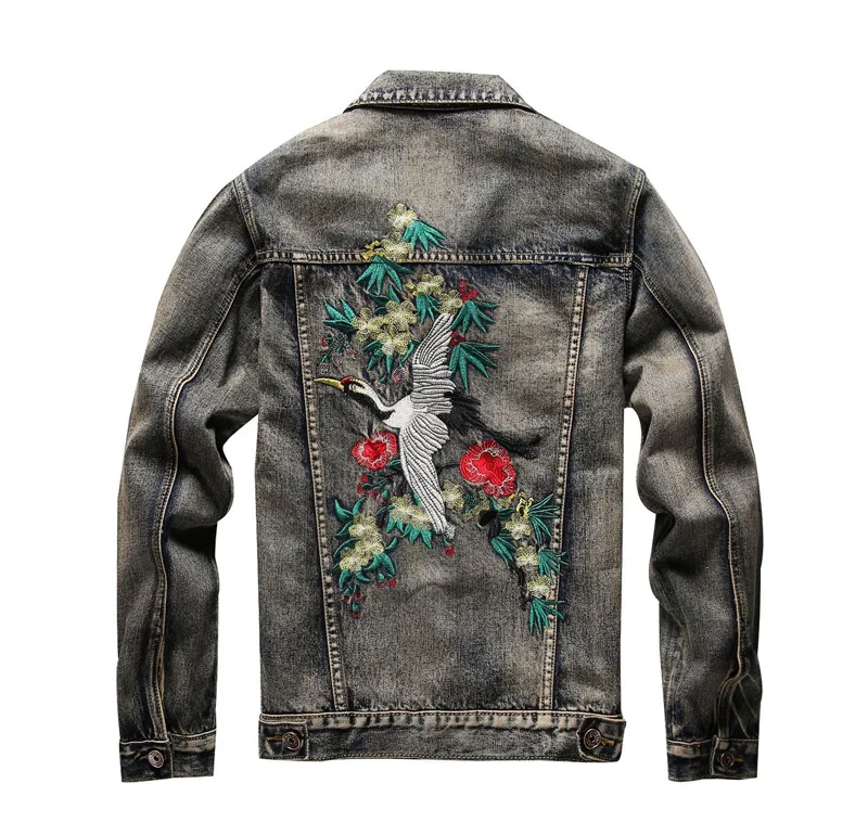 Idopy Autumn New Japanese Embroidery Men Denim Jacket Coat Man Hip Hop Streetwear Men Jacket Coat Floral Jeans Jacket Men