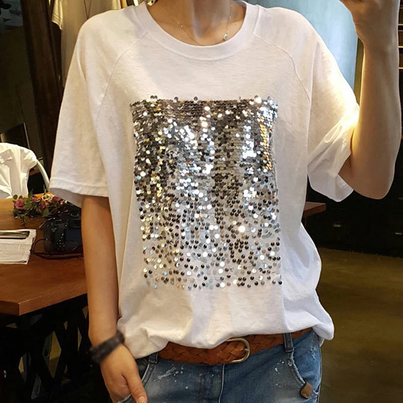 

Women's Sequined Cotton T-shirt Top Short Sleeve White O-Neck Black Lady T-shirts Tee Tops 2019 Summer Loose Tees Female Clothes