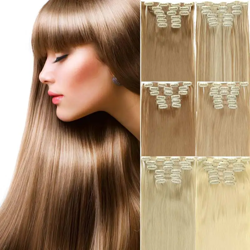 6pcs/set 23 140g 16 Clips in Hair Extensions 20 colors Synthetic Hairpiece Fake Hair Styling clip Straight Hair Piece pad false