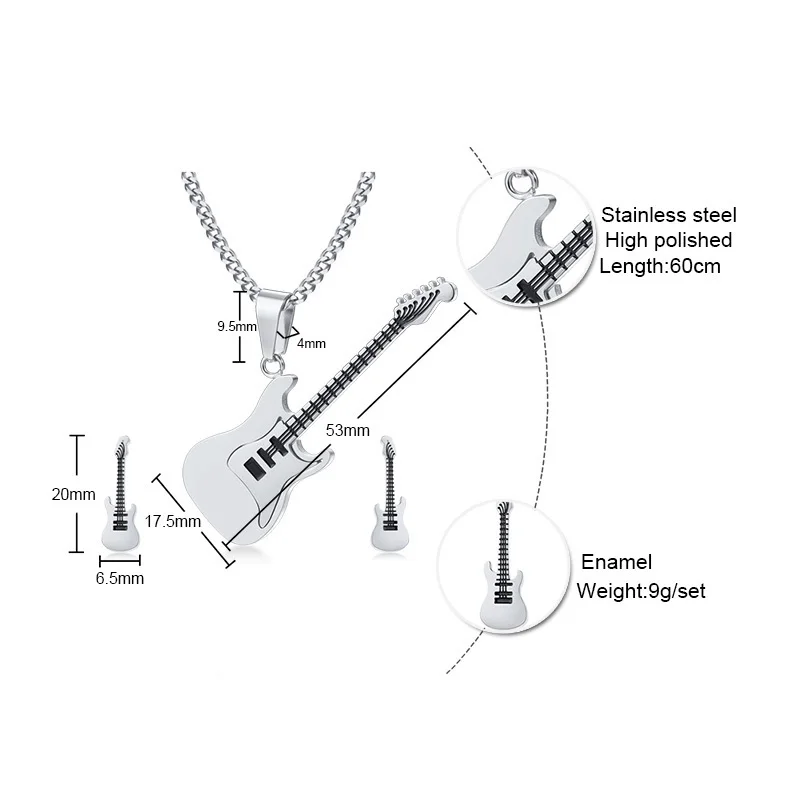 Ювелирный набор в стиле панк рок для мужчин, музыкальный кулон в виде гитары и сережек, серебро, золото, нержавеющая сталь