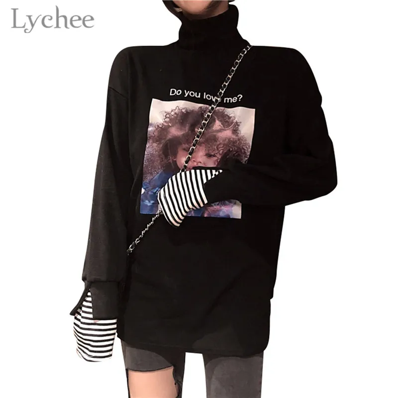 

Lychee Trendy Child Print Fake 2 Pieces Women T-Shirt Turtleneck Stripes Long Sleeve Female T Shirt Casual Loose Tee Top