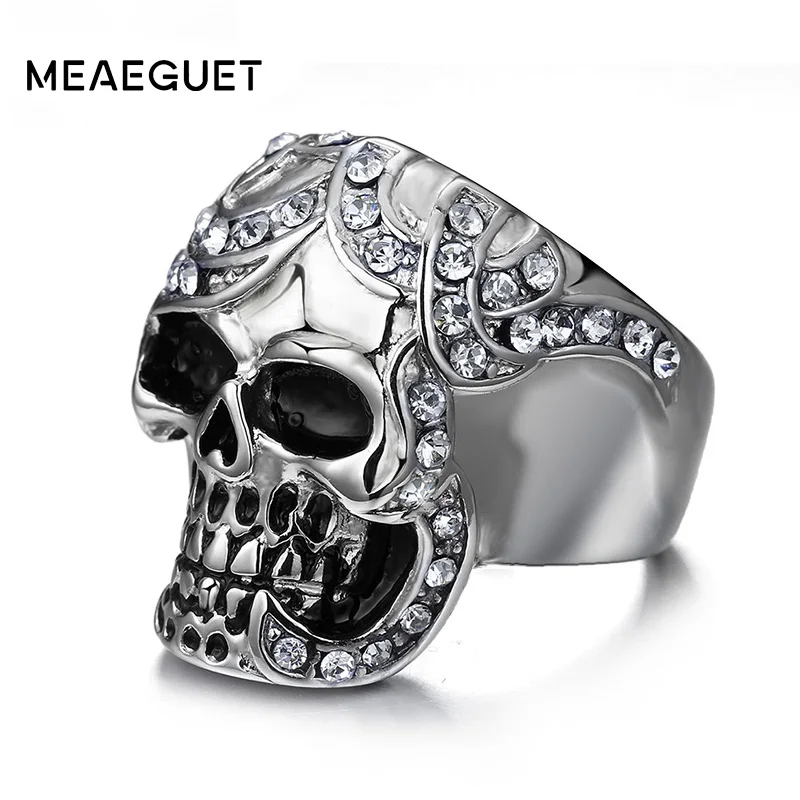 Meaeguet Vintage Cubic Zirconia Skull Rings Europe Silver-Color Stainless Steel Rings For Women Party Skeleton Ring