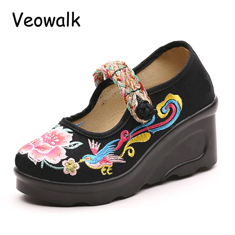 Veowalk; Женская Повседневная парусиновая обувь на высоком каблуке с вышивкой в виде птицы; обувь на танкетке в этническом стиле; женская обувь Mary Jane на платформе с ремешком; Sapatos Mulher
