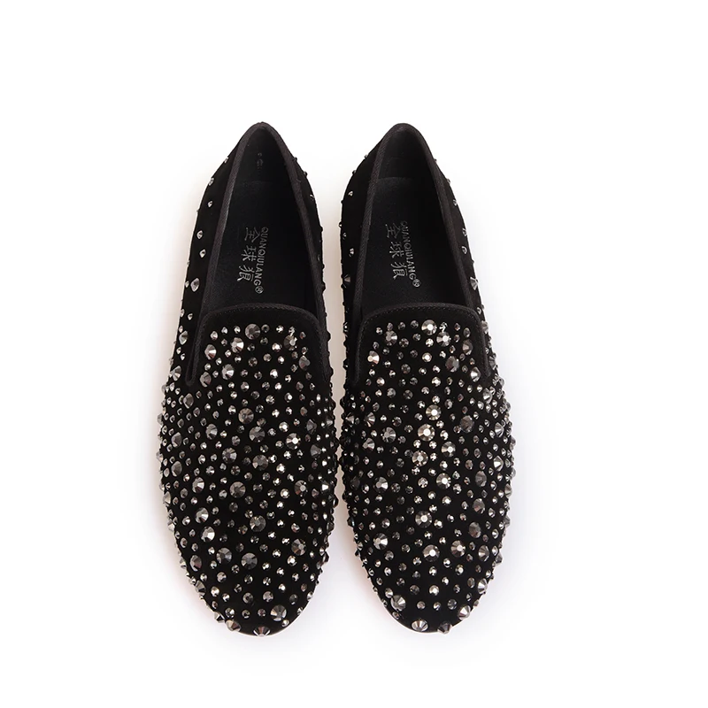 Brand Designer Men Black Crystal Shoes New Genuine Leather Fashion Men's Flats Prom Male Loafers Size 39-46
