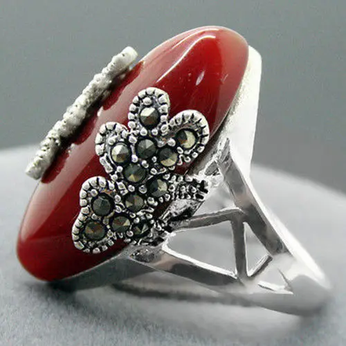 

FREE SHIPPING>>>@@ wholesale Beautiful Marcasite 925 red stone jewelry sterling silver ring size 7-10