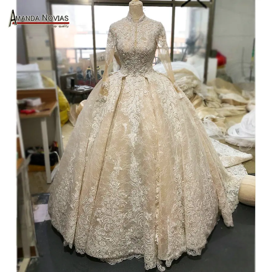 

Elegant full beading lace ball gown wedding dress with long sleeves 2019