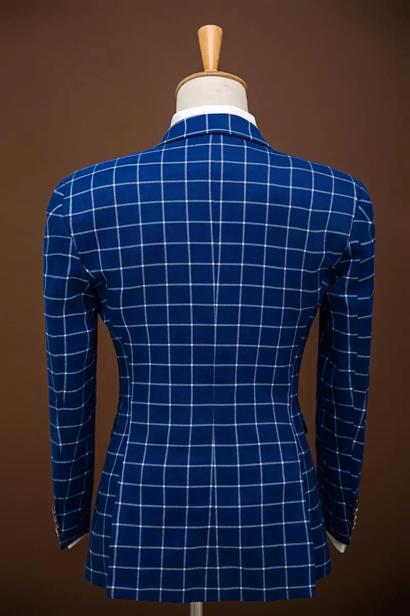 Slim casual plaid double-breasted suit Fashion Custom Men suits jacket + pants slim blue grid men's Blazers groom wedding dress Slim casual plaid double-breasted suit Fashion Custom Men suits jacket + pants slim blue grid men's Blazers groom wedding dress