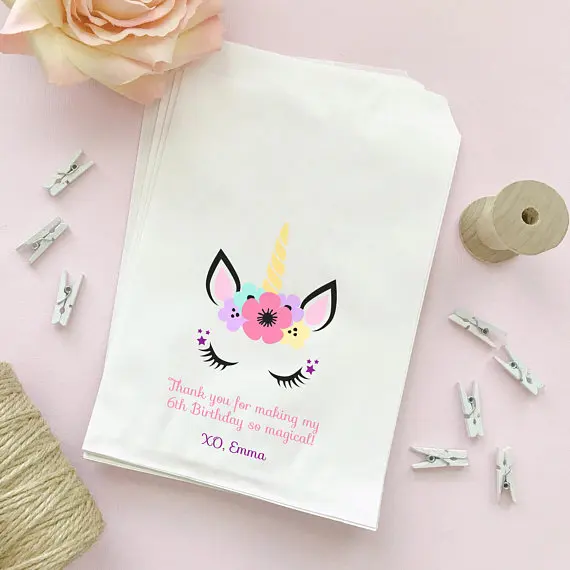 

Personalized Unicorn first birthday baby Shower baptism popcorn candy Buffet lolly bags Gender Reveal Bakery Cookie goody gift