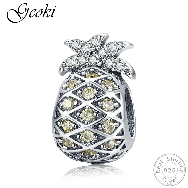 

Geoki 925 Sterling Silver Yellow Round CZ Pineapple Charms fit Original Pandora Bracelet Zircon Fruit Beads Necklace Pendant