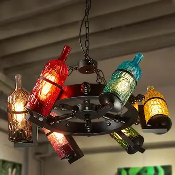 

DOXA American Style Loft Hanging Lamp Wine Bottle 6 Heads Luminaire Home Lighting Fixtures Bar cafe Pendant Lights Glass Lampen