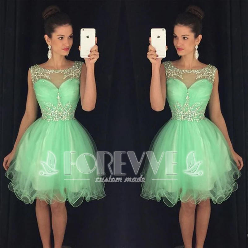 Mint Green Crystal Short Prom Dress 2017 Sheer Knee Length A Line Prom