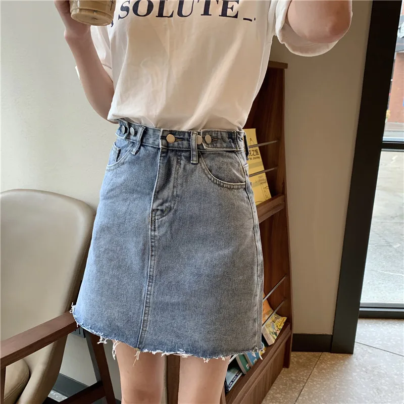 Q685 Jean Bolsillos Cintura Mujeres Denim Llegada De Faldas 2019 Nueva Estilo Mini Azul Línea Falda Botón Alta Casual Verano OU16xnEqOw
