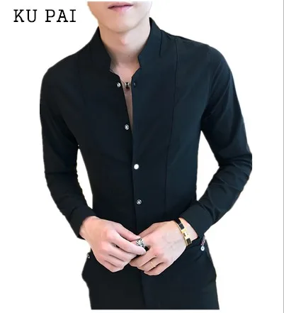 

2017 Korean Fashion Men's Shirts Young Slim Autumn Casual Simple Tops Tops Ladies Pure Color Long Sleeve Shirts