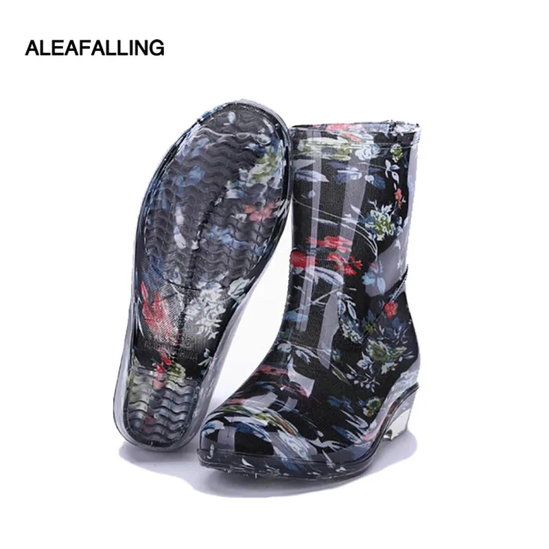 comprar Aleafalling Primavera botas de inverno flor moda mid calf botas flor de impressão botas de chuva de borracha sapatos de mulher à prova d água w066