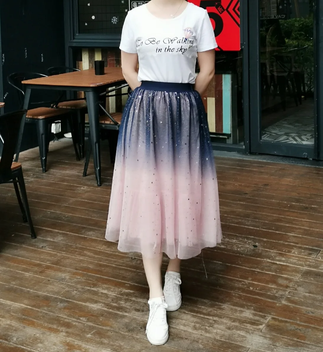 Летние Бисер блесток с рисунком «Луна», «звезды Галактики и блестящим кружевным верхом; средней длины юбка в стиле бохо с принтом тай-дай градиентный принт из Кореи Kawaii Для женщин довольно мило