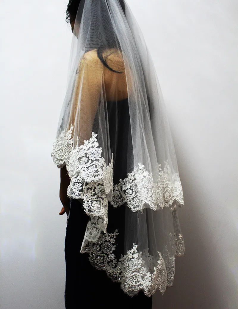 Новинка, двухслойная короткая свадебная фата с блестками и кружевной каймой, 2 слоя, 0,9 метра, Тюлевое свадебное платье, свадебная фата
