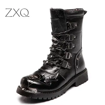 

Punk Style Army Tactical Boots Men High Quality Outdoor Military Combat Boots Metal Buckle Punk Mid Calf Male Motorcycle Boots