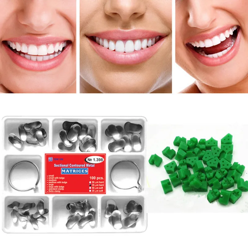 

Dental 100Pcs Sectional Contoured Matrices Matrix Ring Delta1.398 + 40pc Add-On Wedges NO.1.861